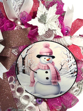 Load image into Gallery viewer, Pink and White Snowman Wreath, Winter Wreath, Christmas Wreath