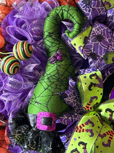 Load image into Gallery viewer, Witch Hat Halloween Wreath, Green Witch Hat, Halloween Decor, Whimsical Halloween