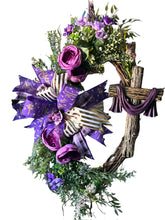 Load image into Gallery viewer, Cross Wreath, Purple Floral Wreath, Easter Wreath, Religious Decor