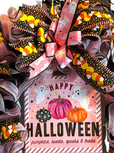 Load image into Gallery viewer, Pink Happy Halloween Wreath, Halloween Decor, Candy Corn, Pumpkin
