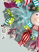 Load image into Gallery viewer, Blue and White Snowman Wreath, Winter Wreath, Christmas Decor, Candy