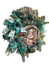 Load image into Gallery viewer, Blue and Gold Snowman Wreath with lights, Winter Wreath, Christmas Wreath