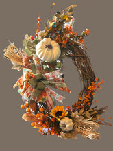 Load image into Gallery viewer, Fall Pumpkin Wreath, Autumn Wreath, Fall Decor, Fall Grapevine Wreath