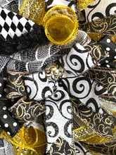 Load image into Gallery viewer, Whimsical Witch Wreath, Halloween Wreath, Black and Gold Halloween, Halloween Decor