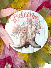 Load image into Gallery viewer, Welcome Pink Cowgirl Boots Wreath, Cowgirl Wreath, Farmhouse Decor, Cowboy Wreath