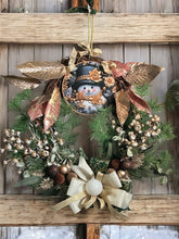 Load image into Gallery viewer, Snowman Wreath, Gold and Green Christmas, Christmas Wreath, Christmas Decor