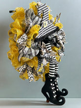 Load image into Gallery viewer, Whimsical Witch Wreath, Halloween Wreath, Black and Gold Halloween, Halloween Decor
