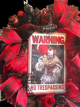 Load image into Gallery viewer, Warning No Trespassing Halloween Wreath, Penny Wreath, Classic Horror, Scary Clown Wreath, Halloween Decor