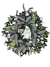 Load image into Gallery viewer, Halloween Gnome Ghost Wreath, Halloween Decor, Boo, Halloween Ribbon Wreath