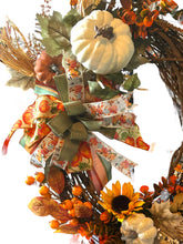 Load image into Gallery viewer, Fall Pumpkin Wreath, Autumn Wreath, Fall Decor, Fall Grapevine Wreath