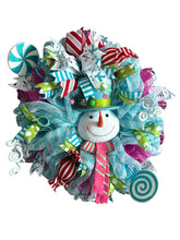 Load image into Gallery viewer, Blue and White Snowman Wreath, Winter Wreath, Christmas Decor, Candy