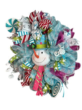 Load image into Gallery viewer, Blue and White Snowman Wreath, Winter Wreath, Christmas Decor, Candy