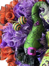Load image into Gallery viewer, Witch Hat Halloween Wreath, Green Witch Hat, Halloween Decor, Whimsical Halloween