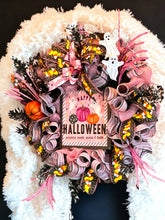Load image into Gallery viewer, Pink Happy Halloween Wreath, Halloween Decor, Candy Corn, Pumpkin