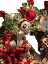 Load image into Gallery viewer, Snowman Lighted Rustic Wreath, Snowman Wreath, Christmas Wreath, Farmhouse Wreath, Winter Wreath