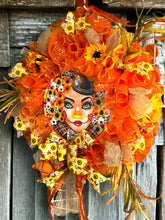 Load image into Gallery viewer, Pretty Scarecrow Fall Wreath, Halloween Wreath, Autumn Decor, Thanksgiving Wreath