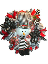 Load image into Gallery viewer, Snowman Wreath, Snowman Christmas, Winter Wreath, Black and White Christmas, Christmas Wreath