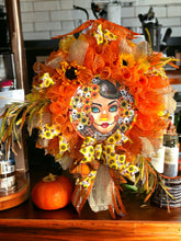 Load image into Gallery viewer, Pretty Scarecrow Fall Wreath, Halloween Wreath, Autumn Decor, Thanksgiving Wreath