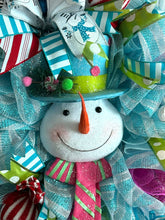 Load image into Gallery viewer, Blue and White Snowman Wreath, Winter Wreath, Christmas Decor, Candy