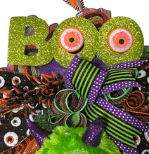 Load image into Gallery viewer, Green Monster Halloween Swag Wreath, Halloween Decor, Creepy Eyes