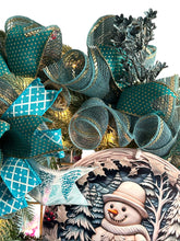 Load image into Gallery viewer, Blue and Gold Snowman Wreath with lights, Winter Wreath, Christmas Wreath