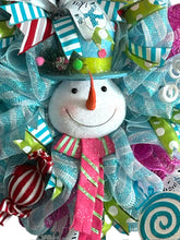 Load image into Gallery viewer, Blue and White Snowman Wreath, Winter Wreath, Christmas Decor, Candy