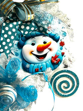 Load image into Gallery viewer, Blue and White Snowman Wreath, Christmas Wreath, Winter Wreath, Christmas Decor, Winter Decor
