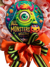 Load image into Gallery viewer, All Monsters Welcome Green Monster Wreath, Halloween Wreath, Halloween Decor