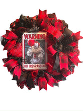 Load image into Gallery viewer, Warning No Trespassing Halloween Wreath, Penny Wreath, Classic Horror, Scary Clown Wreath, Halloween Decor