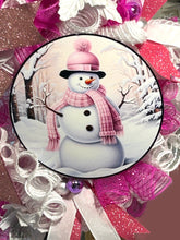 Load image into Gallery viewer, Pink and White Snowman Wreath, Winter Wreath, Christmas Wreath