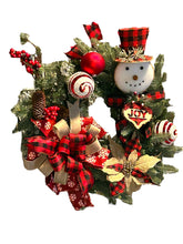 Load image into Gallery viewer, Snowman Lighted Rustic Wreath, Snowman Wreath, Christmas Wreath, Farmhouse Wreath, Winter Wreath