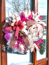 Load image into Gallery viewer, Pink and White Snowman Wreath, Winter Wreath, Christmas Wreath