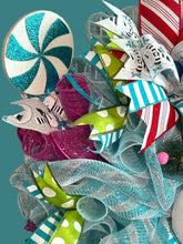 Load image into Gallery viewer, Blue and White Snowman Wreath, Winter Wreath, Christmas Decor, Candy