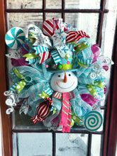 Load image into Gallery viewer, Blue and White Snowman Wreath, Winter Wreath, Christmas Decor, Candy