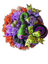 Load image into Gallery viewer, Witch Hat Halloween Wreath, Green Witch Hat, Halloween Decor, Whimsical Halloween