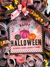 Load image into Gallery viewer, Pink Happy Halloween Wreath, Halloween Decor, Candy Corn, Pumpkin