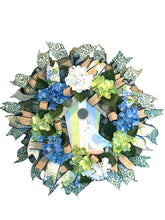 Load image into Gallery viewer, Birdhouse Wreath, Pastel Floral Wreath, Front Door Decor, Spring Summer Wreath
