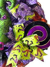 Load image into Gallery viewer, Witch Hat Halloween Wreath, Green Witch Hat, Halloween Decor, Whimsical Halloween
