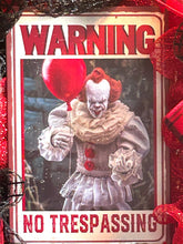 Load image into Gallery viewer, Warning No Trespassing Halloween Wreath, Penny Wreath, Classic Horror, Scary Clown Wreath, Halloween Decor