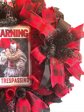 Load image into Gallery viewer, Warning No Trespassing Halloween Wreath, Penny Wreath, Classic Horror, Scary Clown Wreath, Halloween Decor