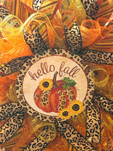 Load image into Gallery viewer, Hello Fall Wreath, Gold, Orange, & Leopard Wreath, Fall Decor, Autumn Decor