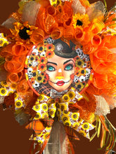 Load image into Gallery viewer, Pretty Scarecrow Fall Wreath, Halloween Wreath, Autumn Decor, Thanksgiving Wreath