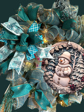 Load image into Gallery viewer, Blue and Gold Snowman Wreath with lights, Winter Wreath, Christmas Wreath