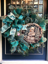 Load image into Gallery viewer, Blue and Gold Snowman Wreath with lights, Winter Wreath, Christmas Wreath