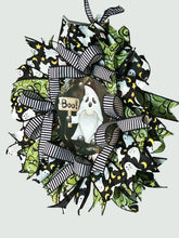 Load image into Gallery viewer, Halloween Gnome Ghost Wreath, Halloween Decor, Boo, Halloween Ribbon Wreath