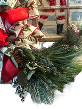 Load image into Gallery viewer, Vintage Santa in Window Wreath, Pine Wreath, Christmas Wreath, Christmas Decor
