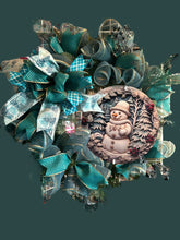 Load image into Gallery viewer, Blue and Gold Snowman Wreath with lights, Winter Wreath, Christmas Wreath