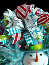 Load image into Gallery viewer, Blue and White Snowman Wreath, Winter Wreath, Christmas Decor, Candy