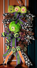 Load image into Gallery viewer, Green Monster Halloween Swag Wreath, Halloween Decor, Creepy Eyes