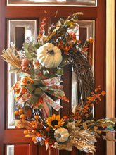 Load image into Gallery viewer, Fall Pumpkin Wreath, Autumn Wreath, Fall Decor, Fall Grapevine Wreath